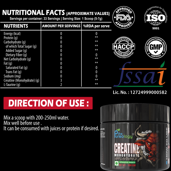 thePureology Creatine Monohydrate Supplement, Micronised, Unflavour, 5000 Mg, 33Servings